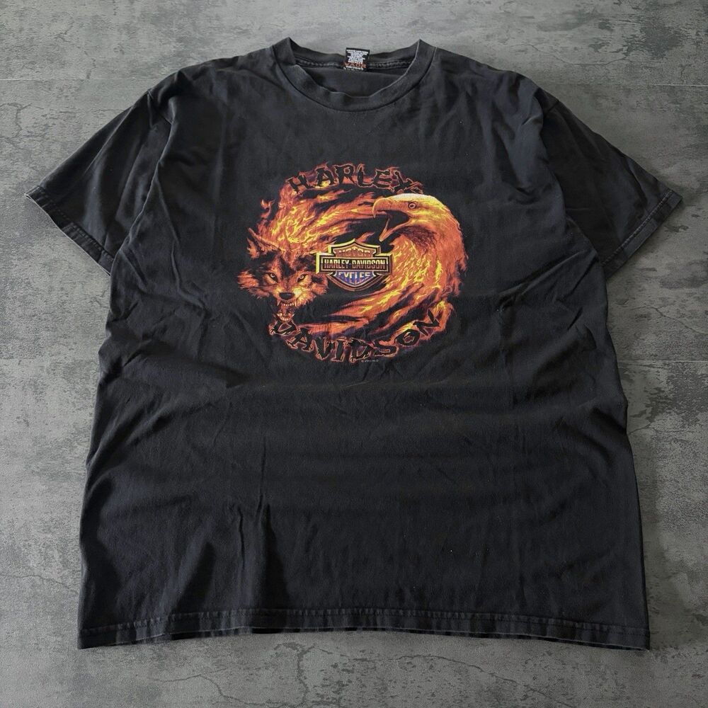 Y2K Harley-Davidson Florida Flame Wolf Eagle Graphic T-Shirt Black Grunge XL